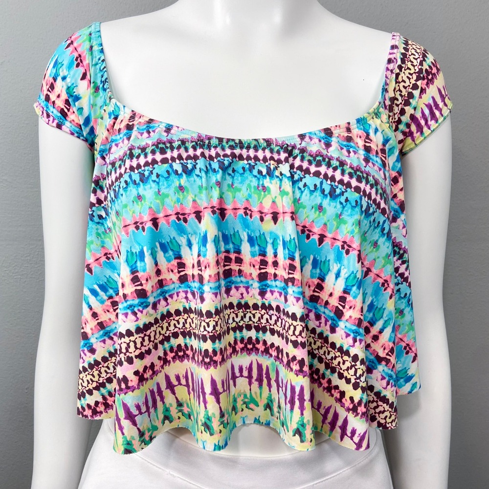Hobie Tie Dye Flutter Flounce Cap Sleeve Tankini Top Size M Boho Beach Festival
